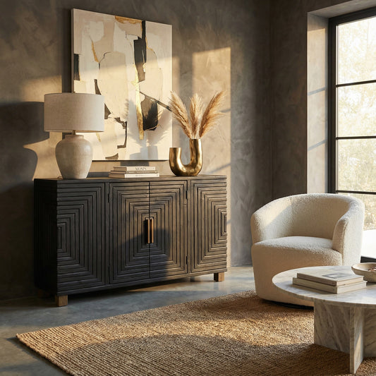 Art Deco Geometric Sideboard Cabinet – Black & Gold - Industrious Decor