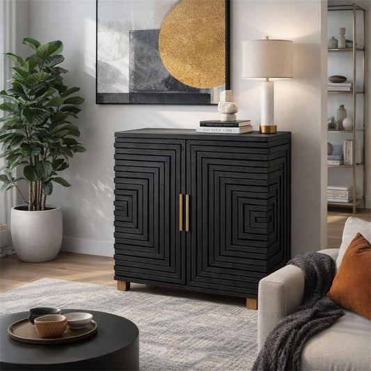 Art Deco Geometric 2 Door Cabinet - Black and Gold - Industrious Decor
