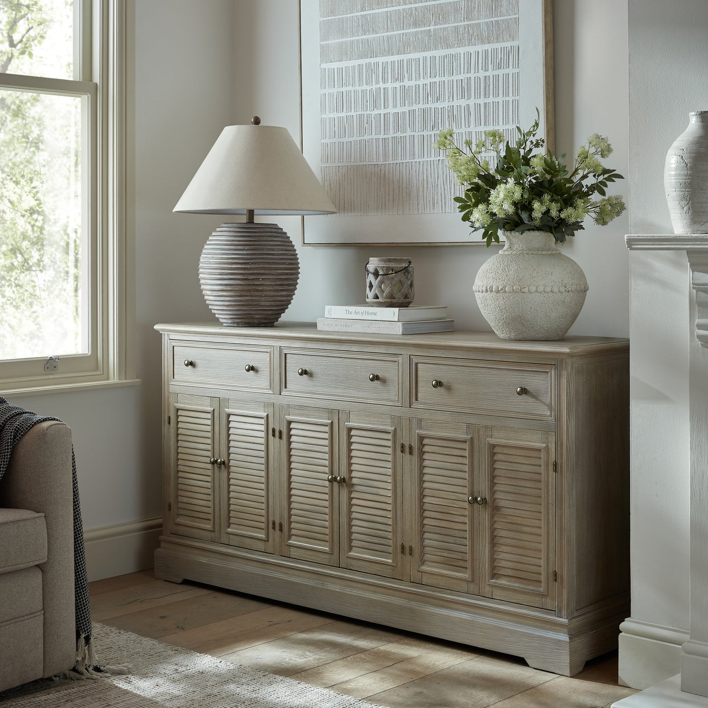Louvred Shutter 6 Door 3 Drawer Large Sideboard - Natural Oak - Industrious Decor