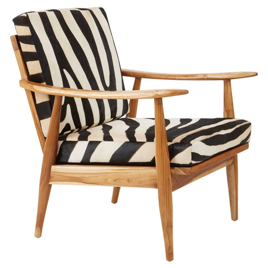 Zebra Print Hair-on Leather Armchair with Teak Frame - Industrious Decor