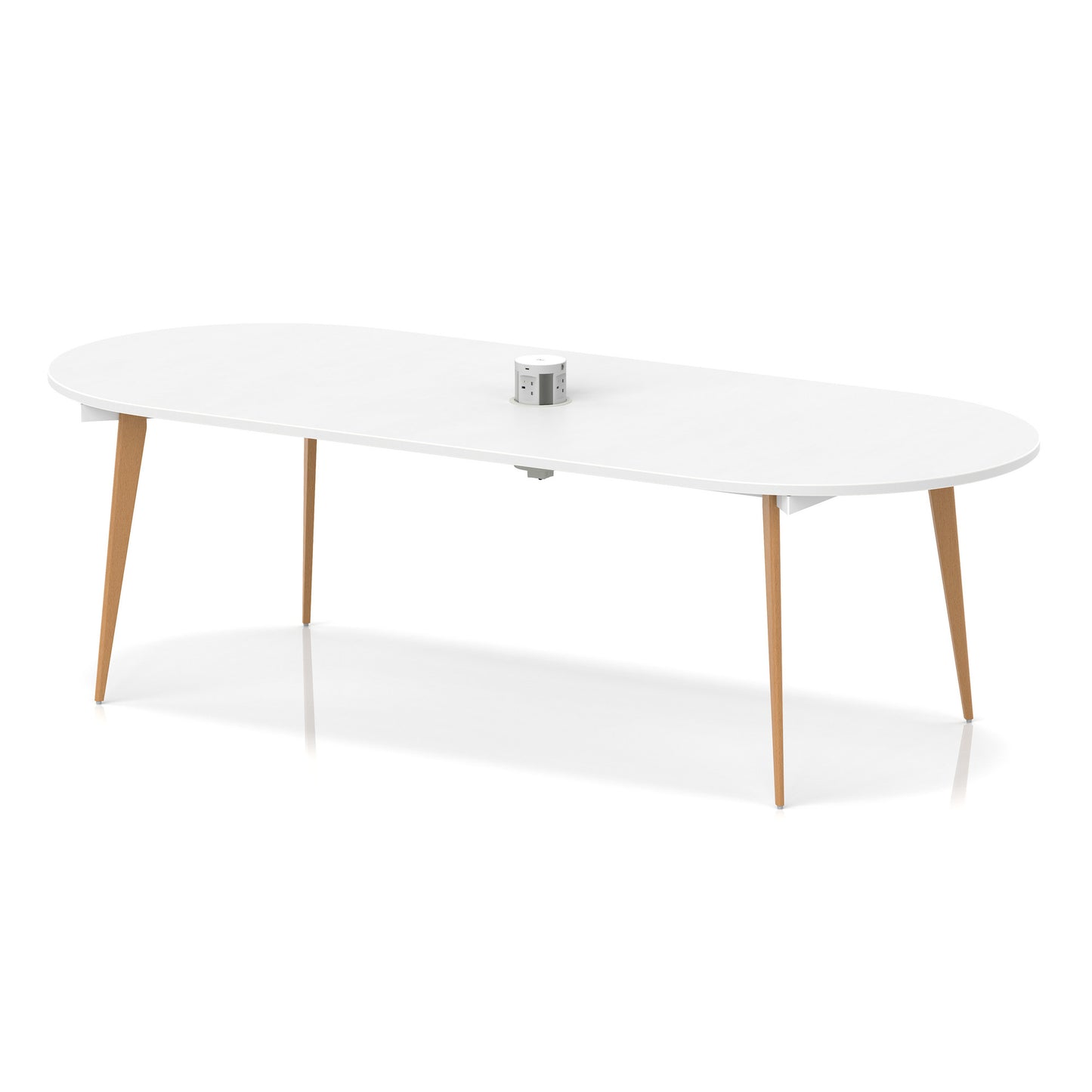 Oslo Volta Oval Boardroom Table With Pop-up Power Module With Wooden Splayed Leg White 2400mm - Industrious Decor