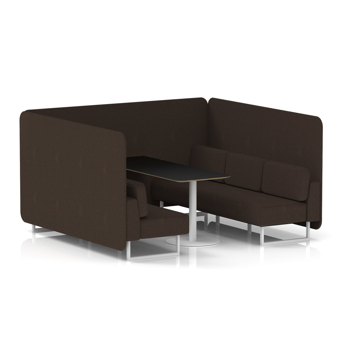 Commercial 6 Seater Privacy Booth – Bench with Black Table – Single Tone – Crib 5 Synergy - Wed Panels And Sofa White - Industrious Decor