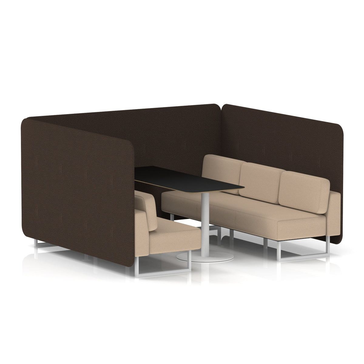Commercial 6 Seater Privacy Booth – Bench with Black Table – Two Tone – Crib 5 Synergy - Wed Panels And Affix Sofa White - Industrious Decor