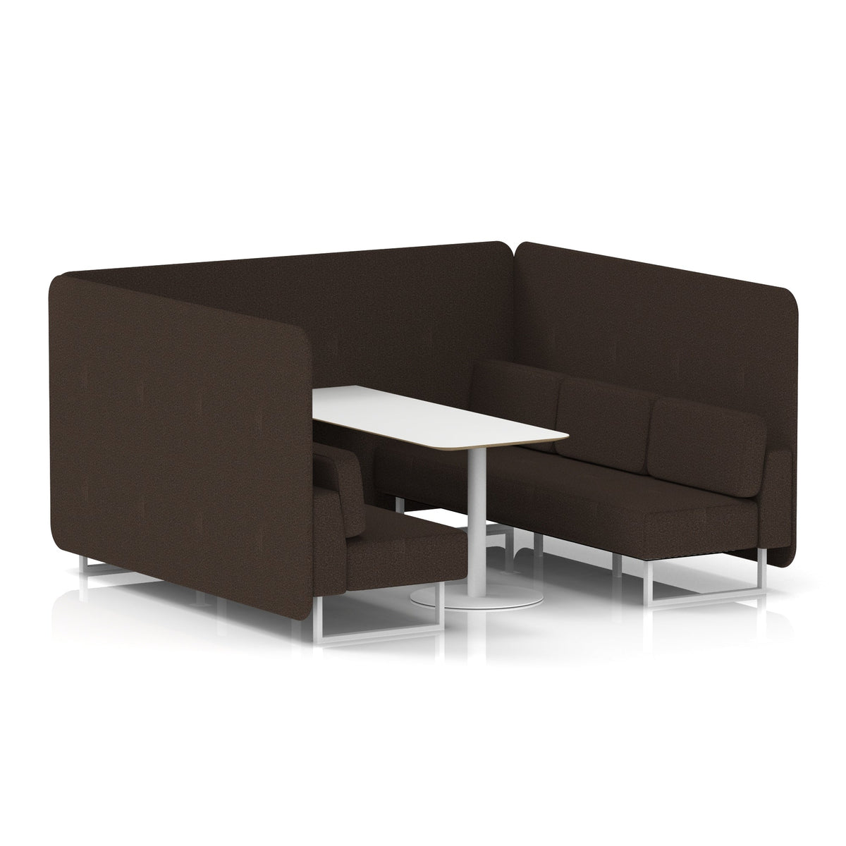 Commercial 6 Seater Privacy Booth – Bench with White Table – Single Tone – Crib 5 Synergy - Wed Panels And Sofa White - Industrious Decor