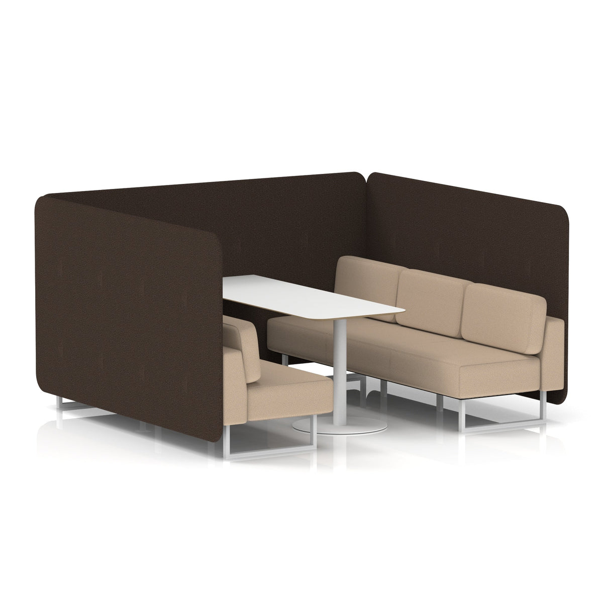 Commercial 6 Seater Privacy Booth – Bench with White Table – Two Tone – Crib 5 Synergy - Wed Panels And Affix Sofa White - Industrious Decor