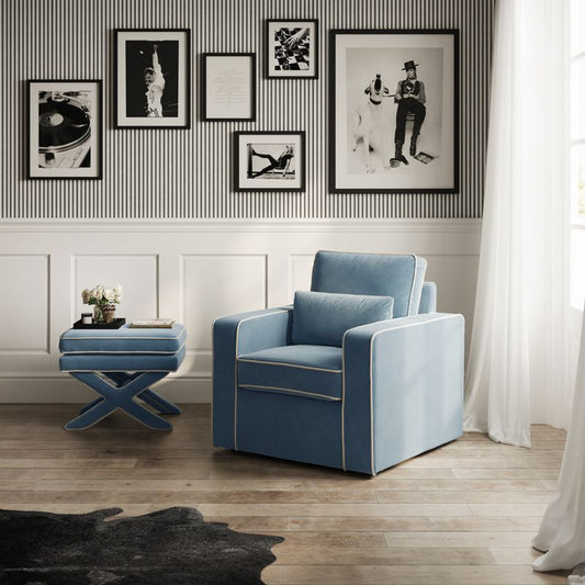 Daisy Armchair - Dusty Blue Velvet with White Piping - Industrious Decor