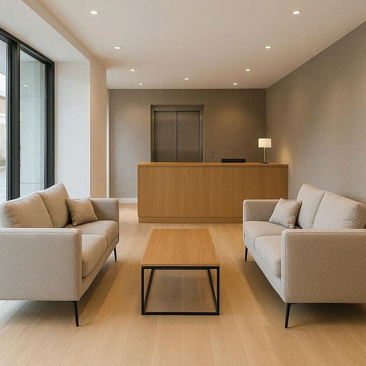 Camden 2 Seater sofa in a commercial lounge setting, showing scale and placement in a hotel or serviced apartment