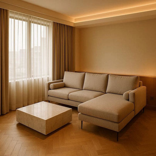 Camden Corner sofa in a commercial lounge setting showing corner configuration in a hotel or serviced apartment environment