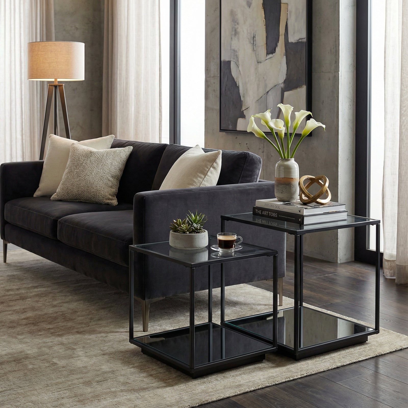 Luca Side Table Set of 2 - Black Metal with Glass Top - Industrious Decor