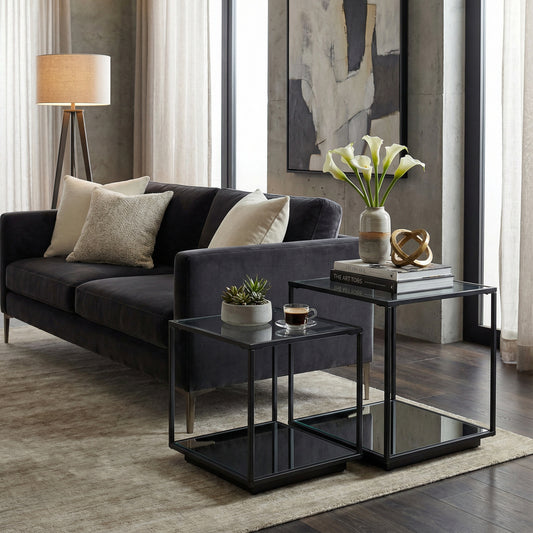 Luca Side Table Set of 2 - Black Metal with Glass Top - Industrious Decor