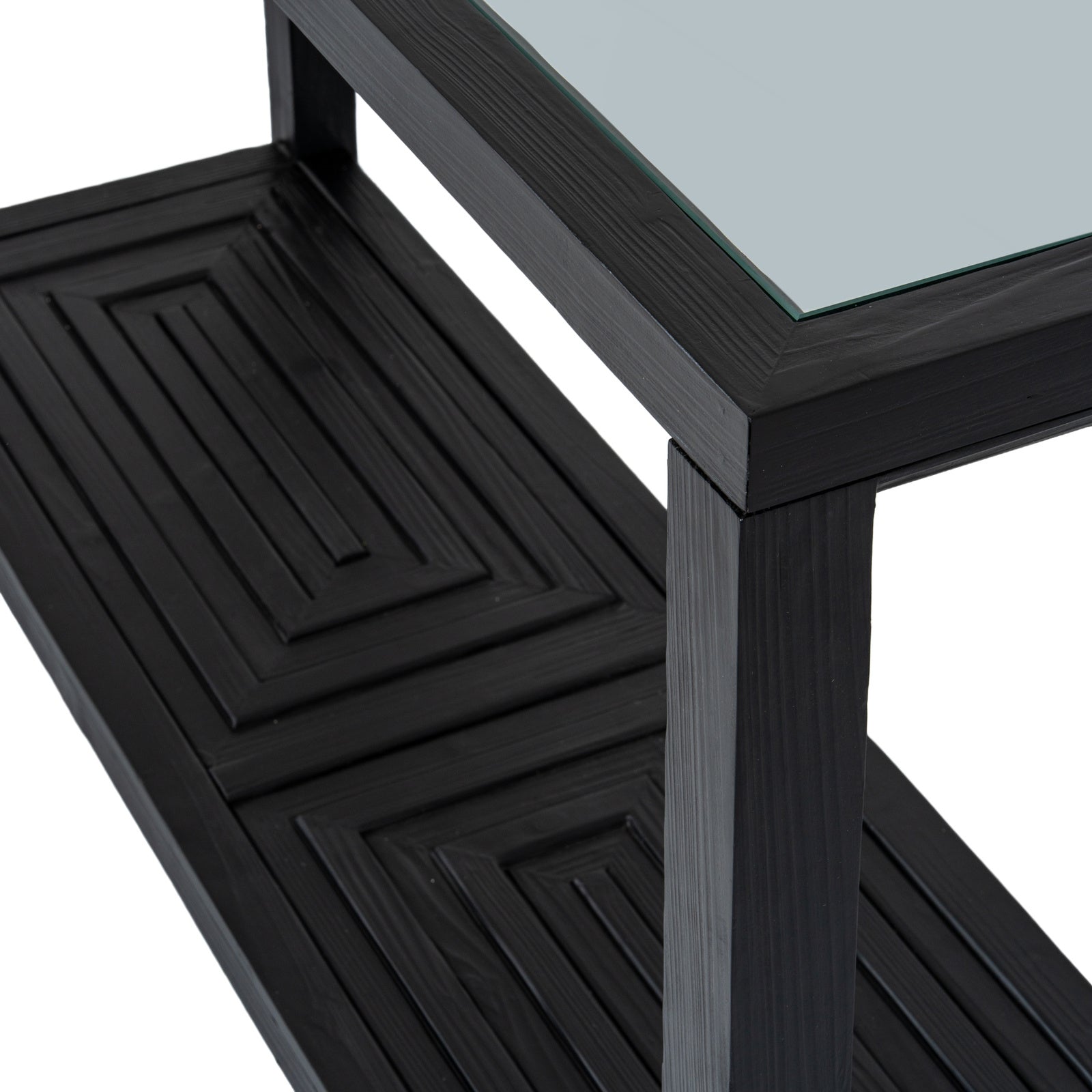 Geo Console Table - Black Oak with Glass Top - Industrious Decor