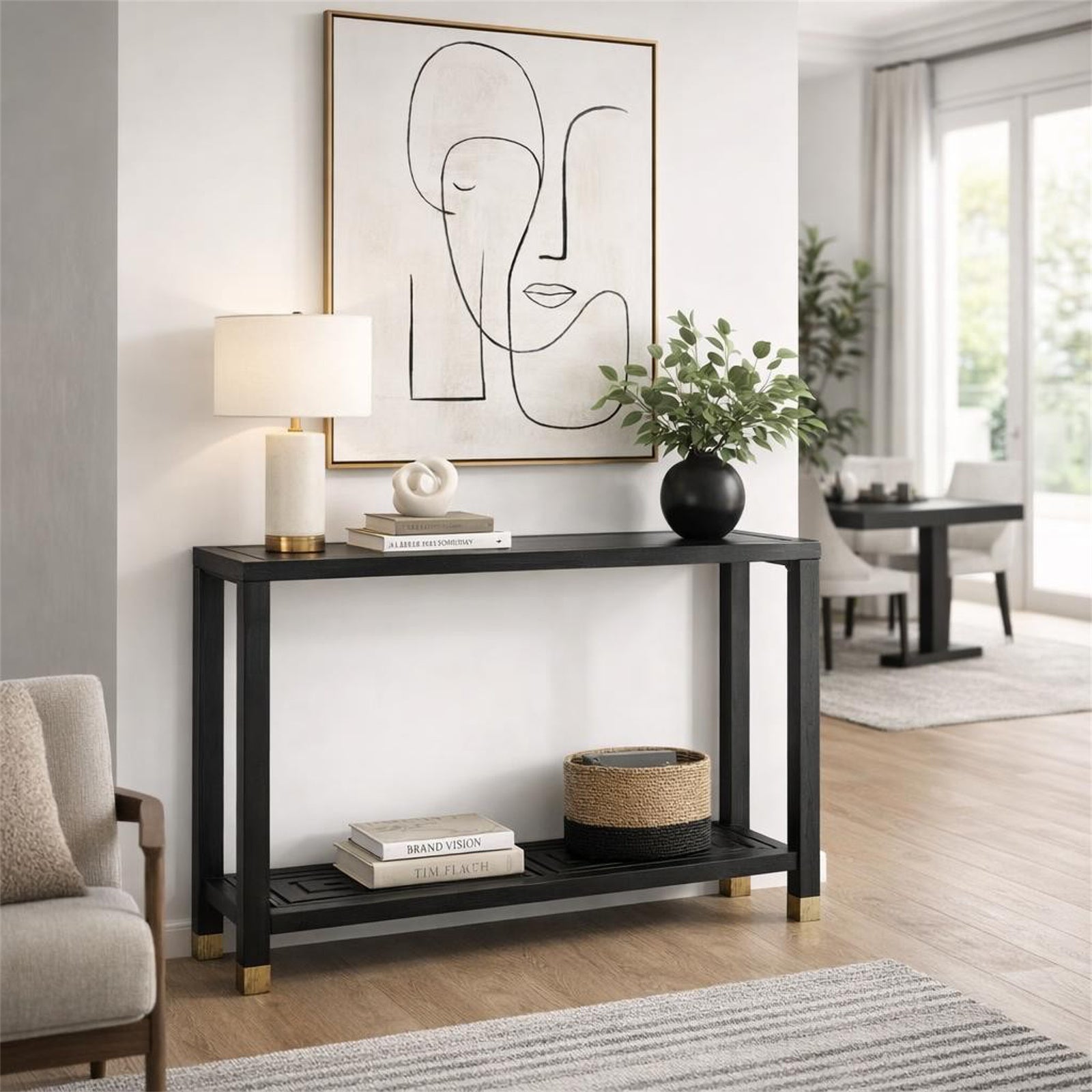 Geo Console Table - Black Oak with Glass Top - Industrious Decor