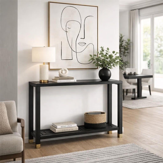 Geo Console Table - Black Oak with Glass Top - Industrious Decor