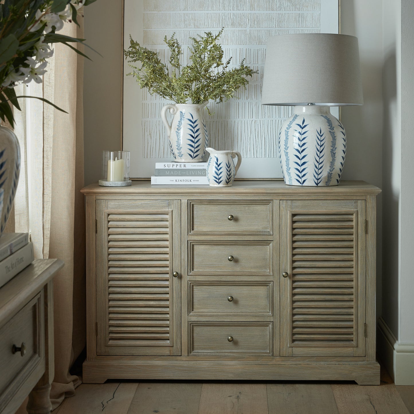 Louvred Shutter 2 Door 4 Drawer Dresser Base - Natural Oak - Industrious Decor