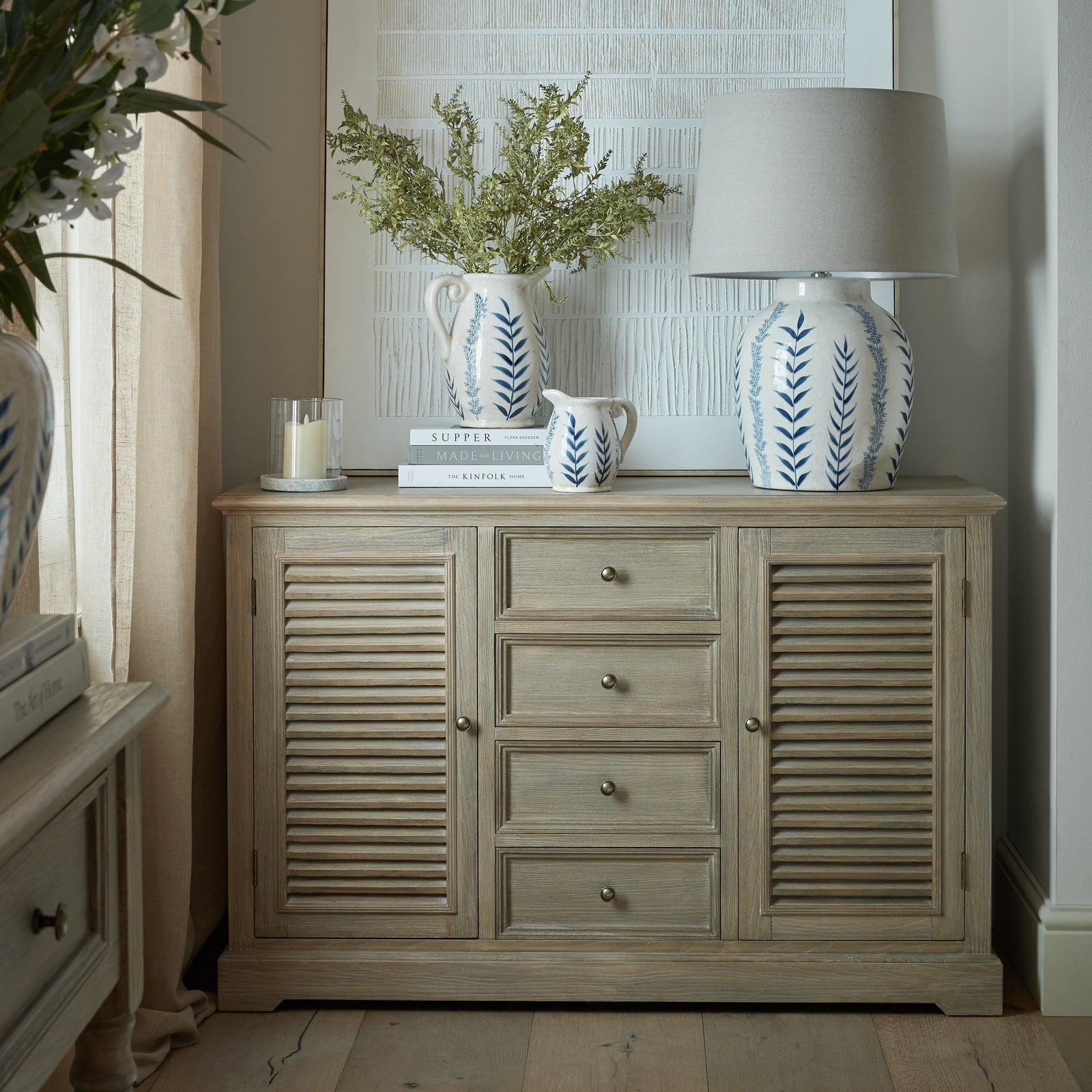 Louvred Shutter 2 Door 4 Drawer Dresser Base - Natural Oak - Industrious Decor