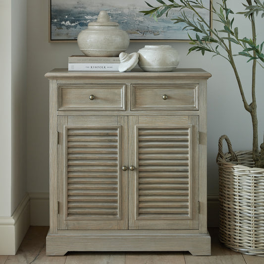 Louvred 2 Drawer 2 Door Cabinet - Natural Oak - Industrious Decor