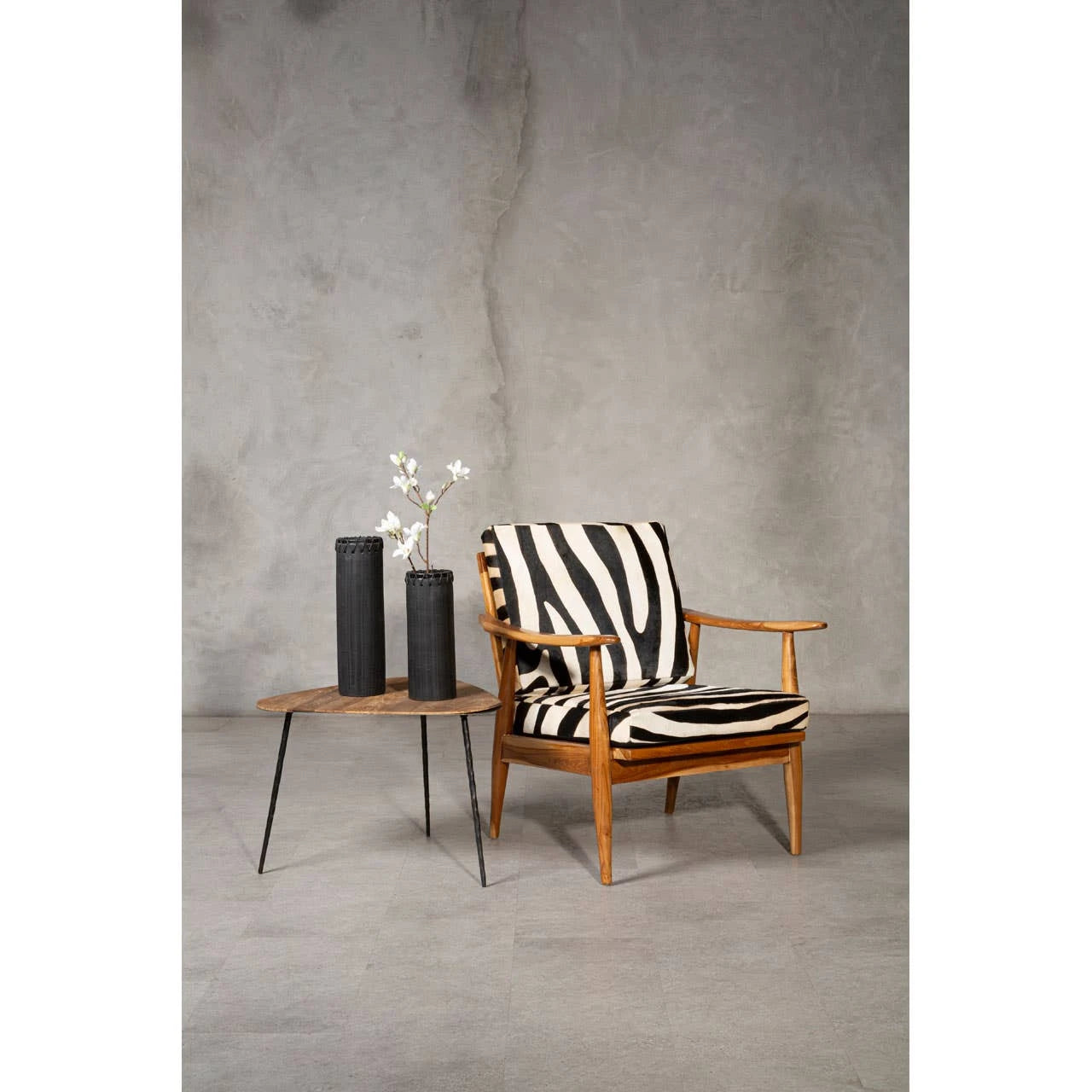 Zebra Print Hair-on Leather Armchair with Teak Frame - Industrious Decor
