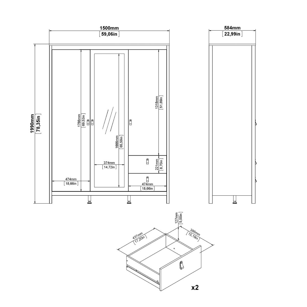 Yarwood Wardrobe with Mirror & Drawers - Industrious Decor