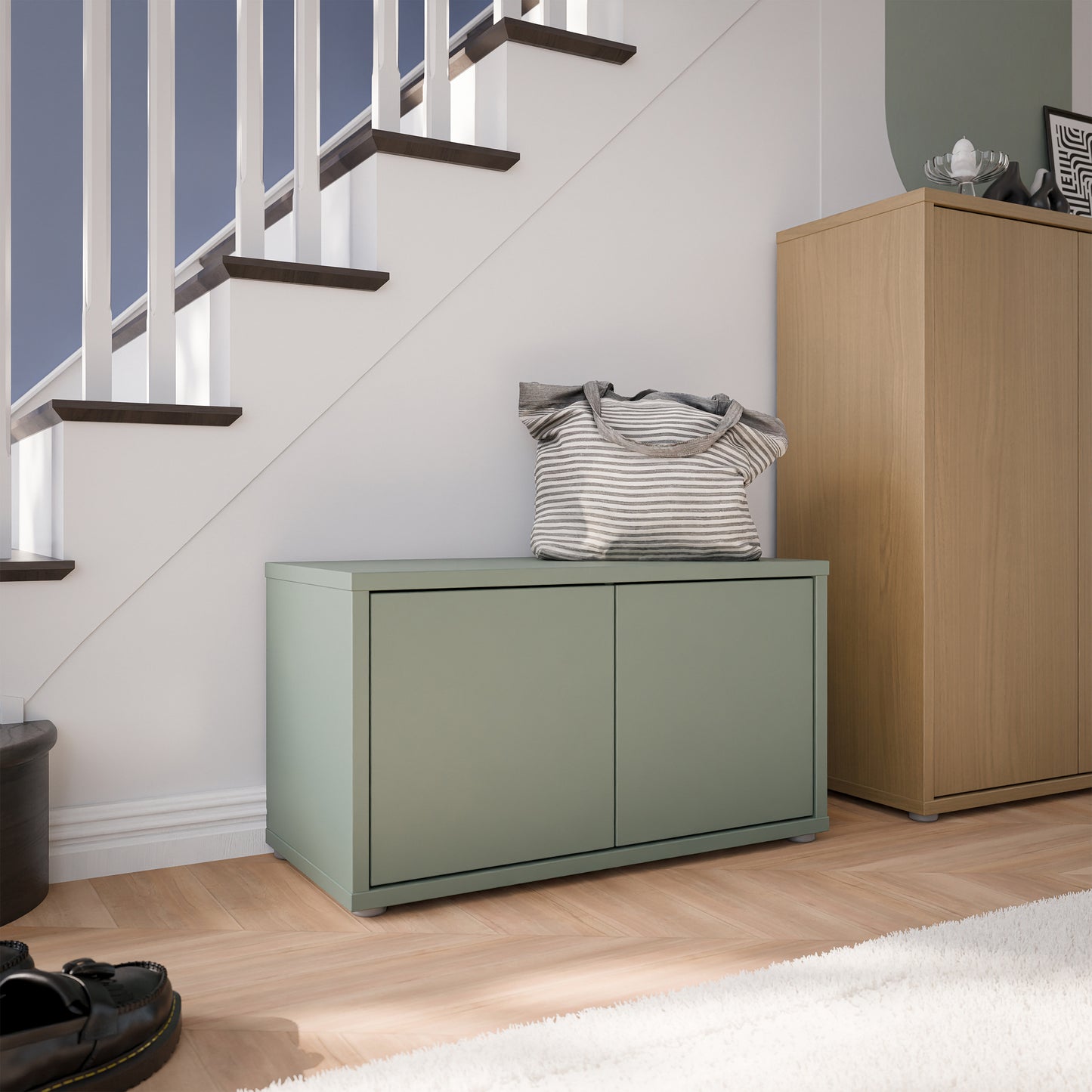 Bloc 2 Door Storage Bench in Sage Green - Industrious Decor