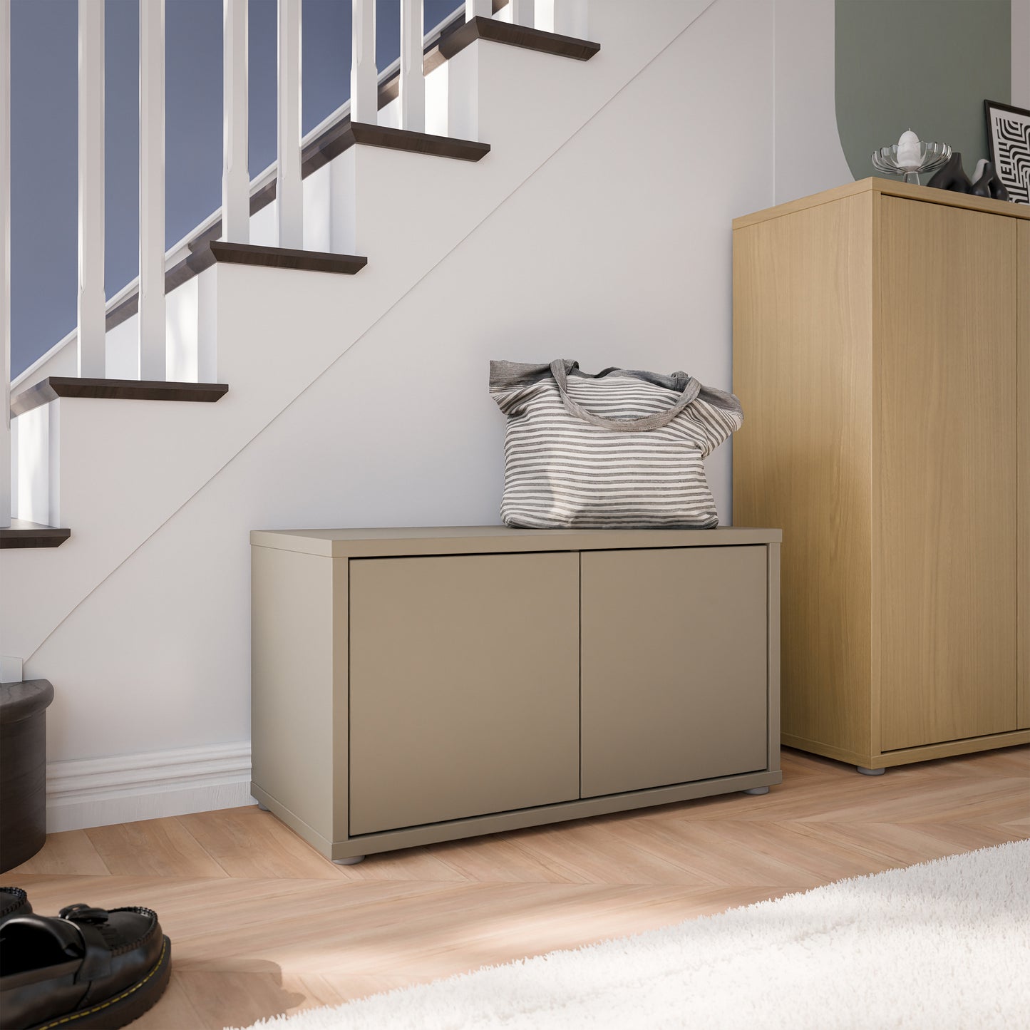 Bloc 2 Door Storage Bench in Taupe - Industrious Decor