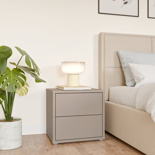 Bloc 2 Drawer Low Bedside Cabinet in Taupe - Industrious Decor