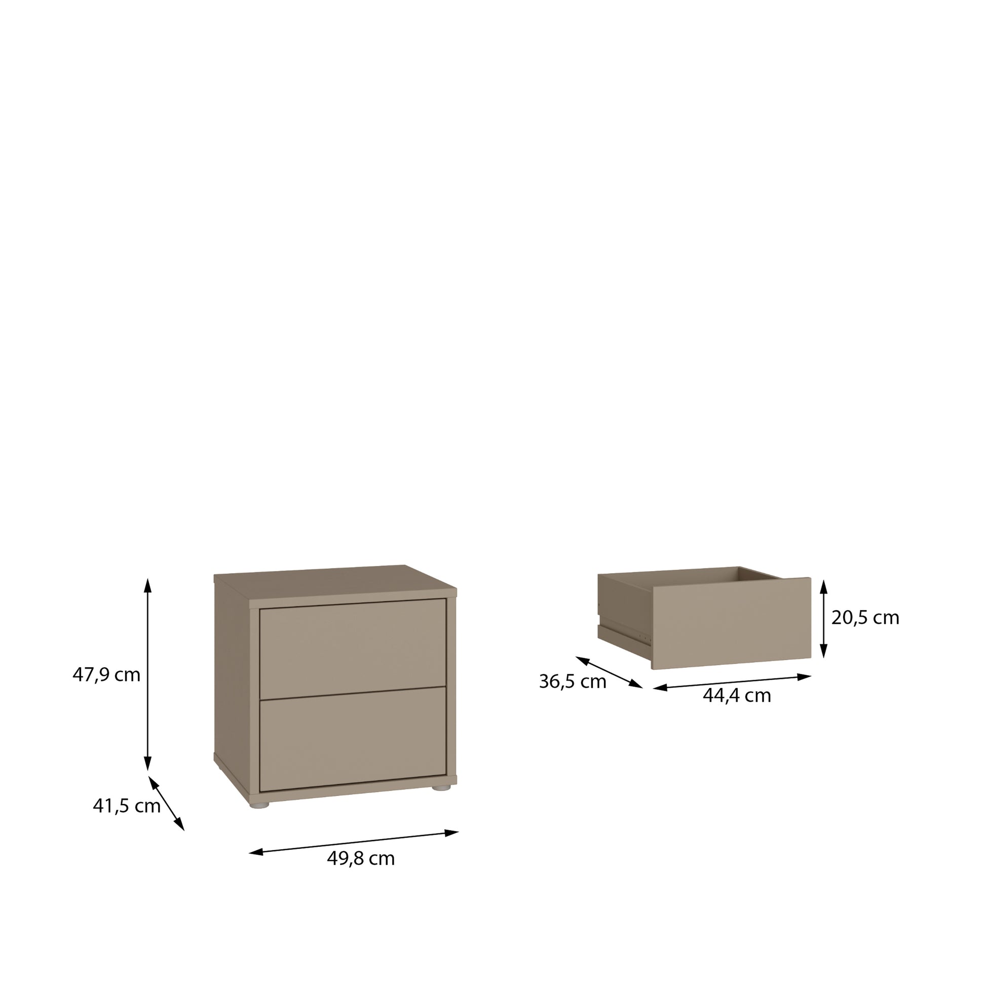 Bloc 2 Drawer Low Bedside Cabinet in Taupe - Industrious Decor