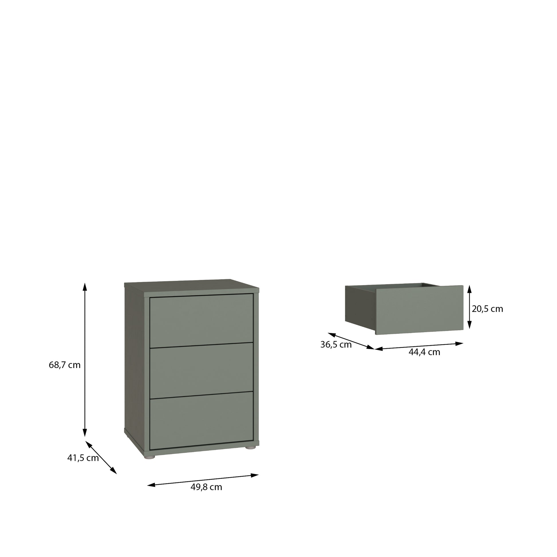 Bloc 3 Drawer Bedside Cabinet in Sage Green - Industrious Decor
