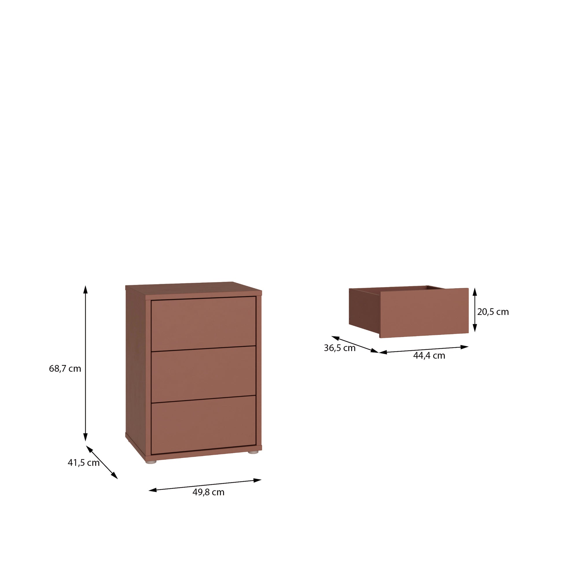 Bloc 3 Drawer Bedside Cabinet in Terracotta - Industrious Decor