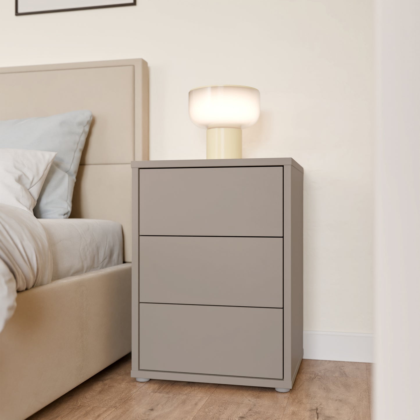 Bloc 3 Drawer Bedside Cabinet in Taupe - Industrious Decor