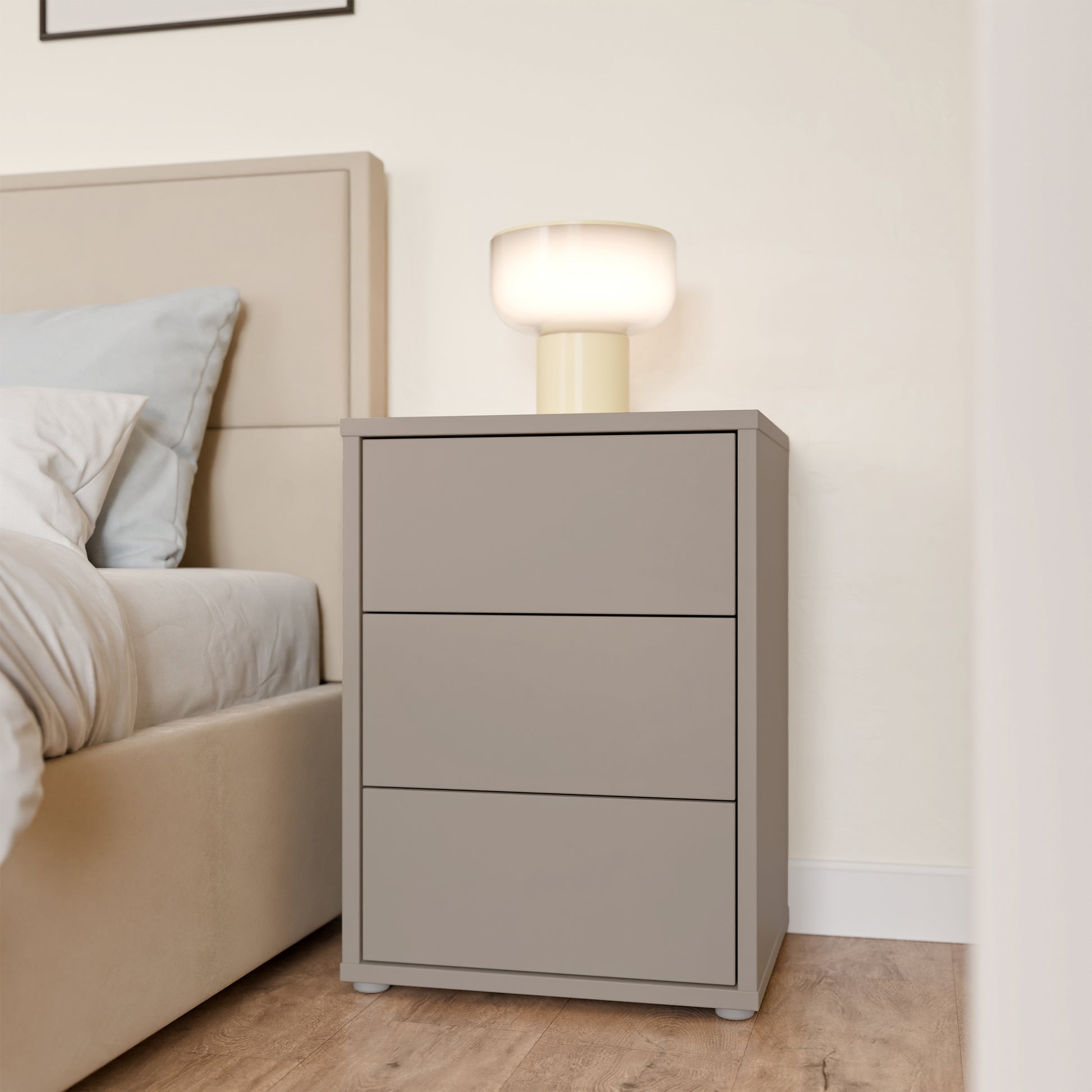 Bloc 3 Drawer Bedside Cabinet in Taupe - Industrious Decor