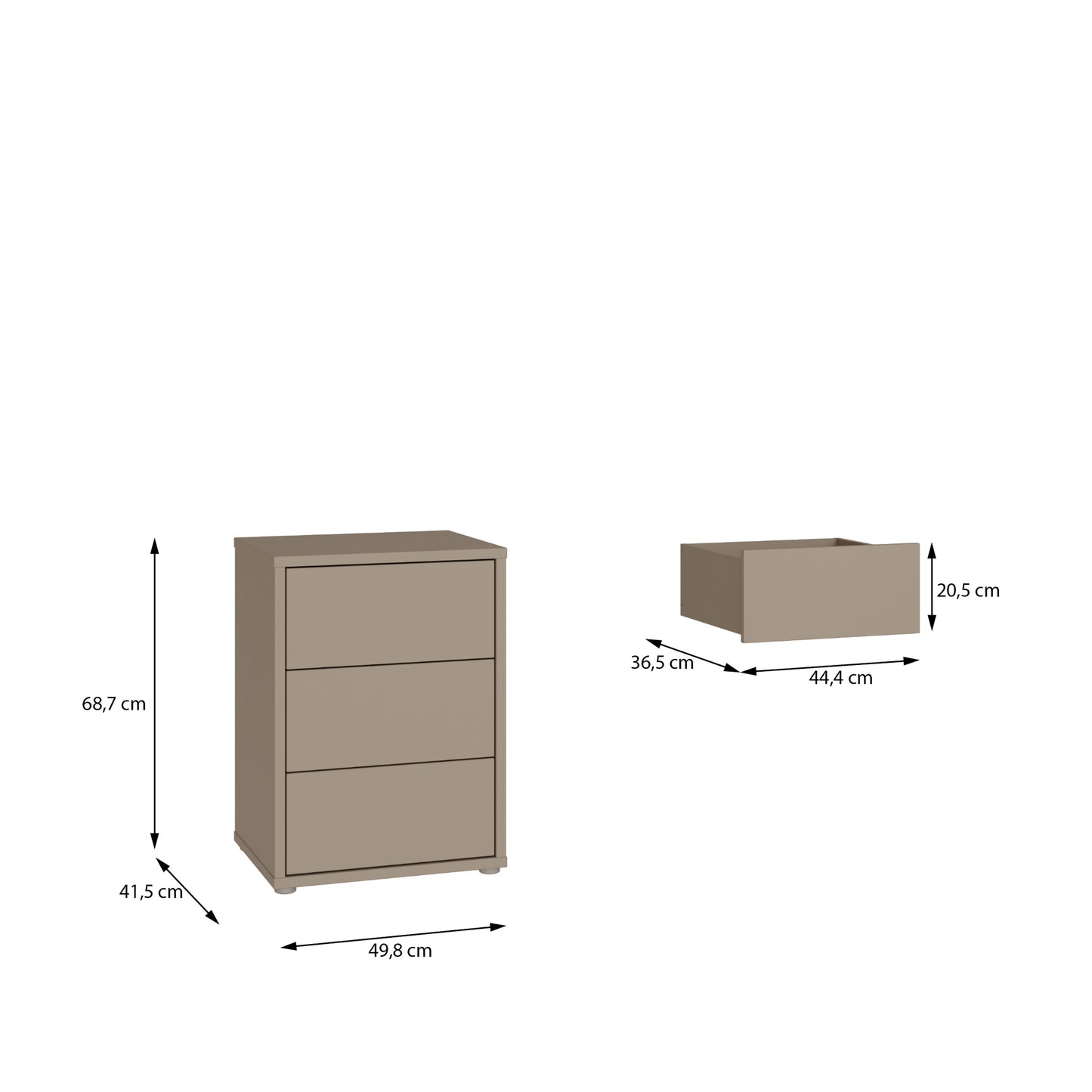 Bloc 3 Drawer Bedside Cabinet in Taupe - Industrious Decor