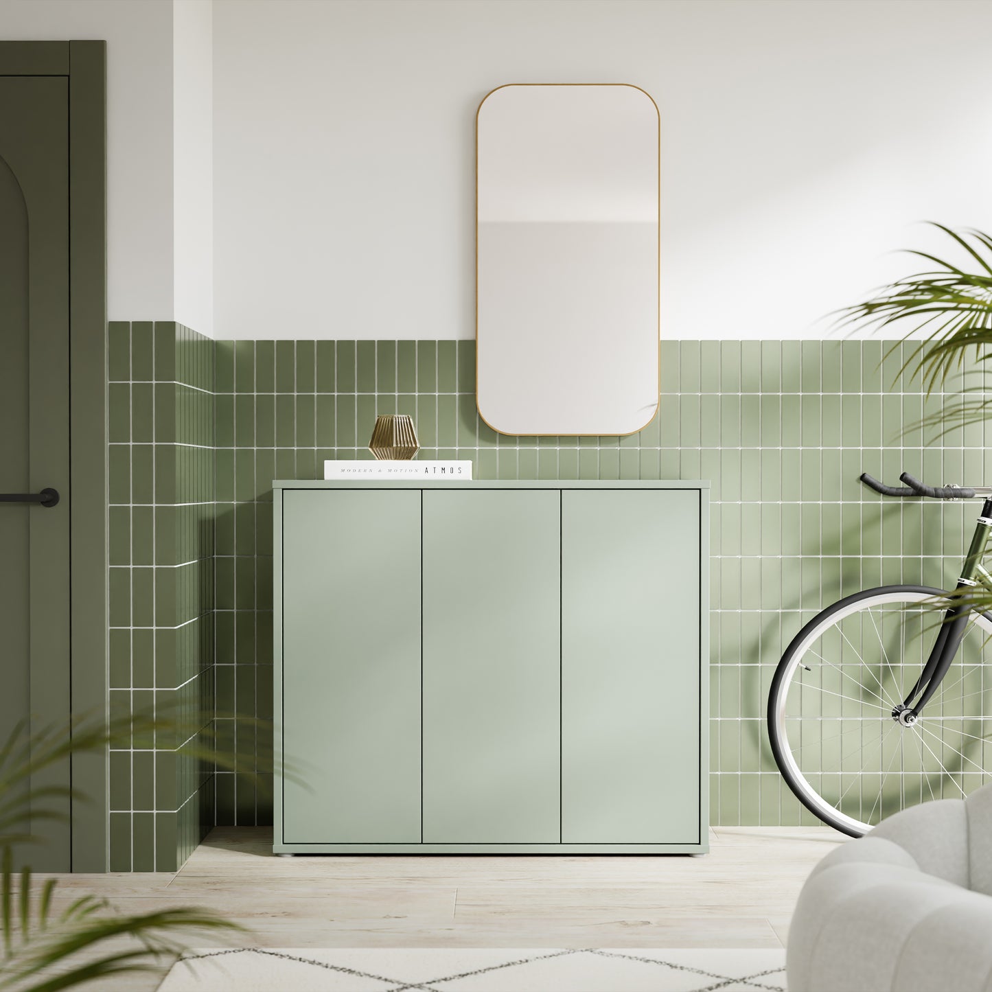 Bloc 3 Door Shoe Cabinet in Sage Green - Industrious Decor
