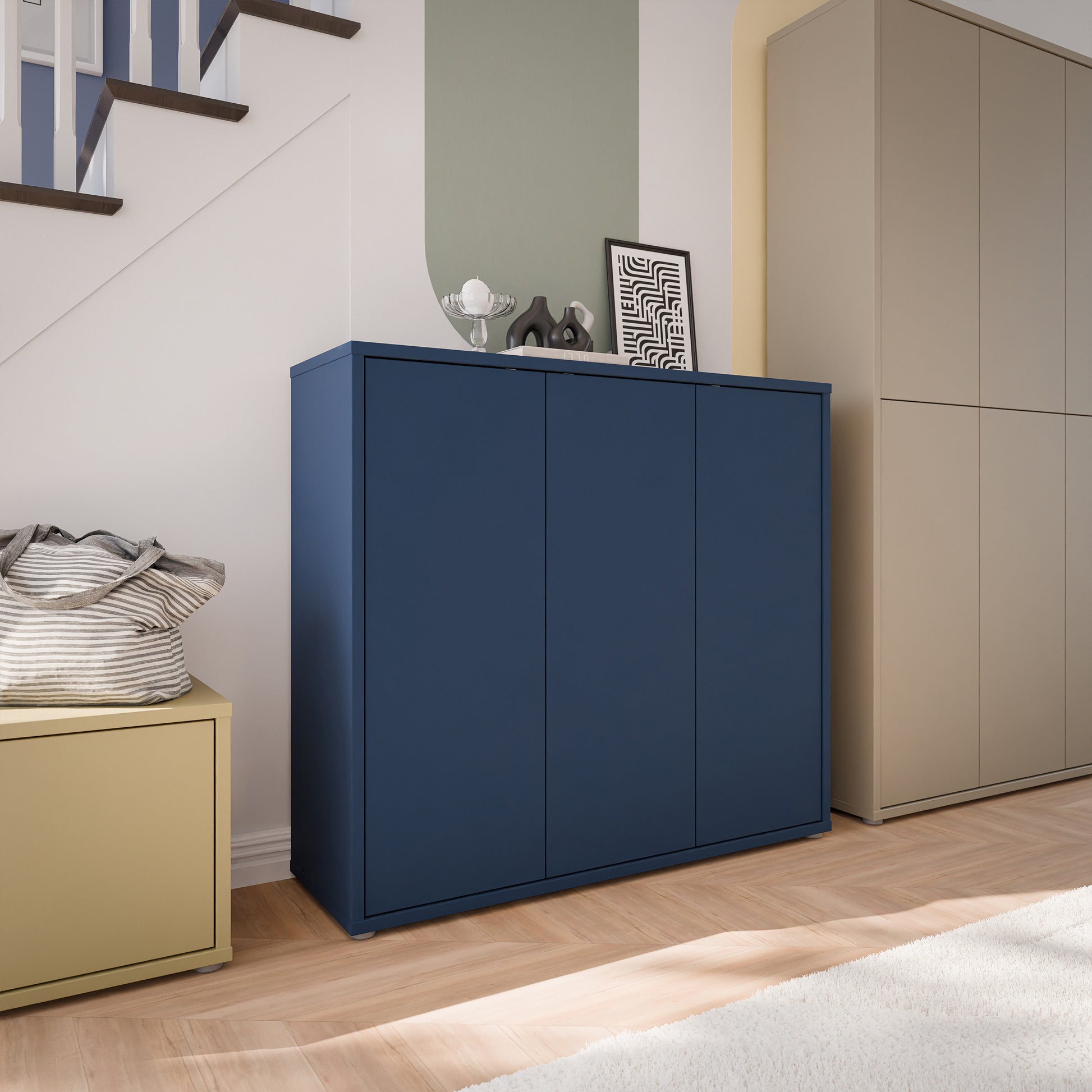 Bloc 3 Door Shoe Cabinet in Night Blue - Industrious Decor