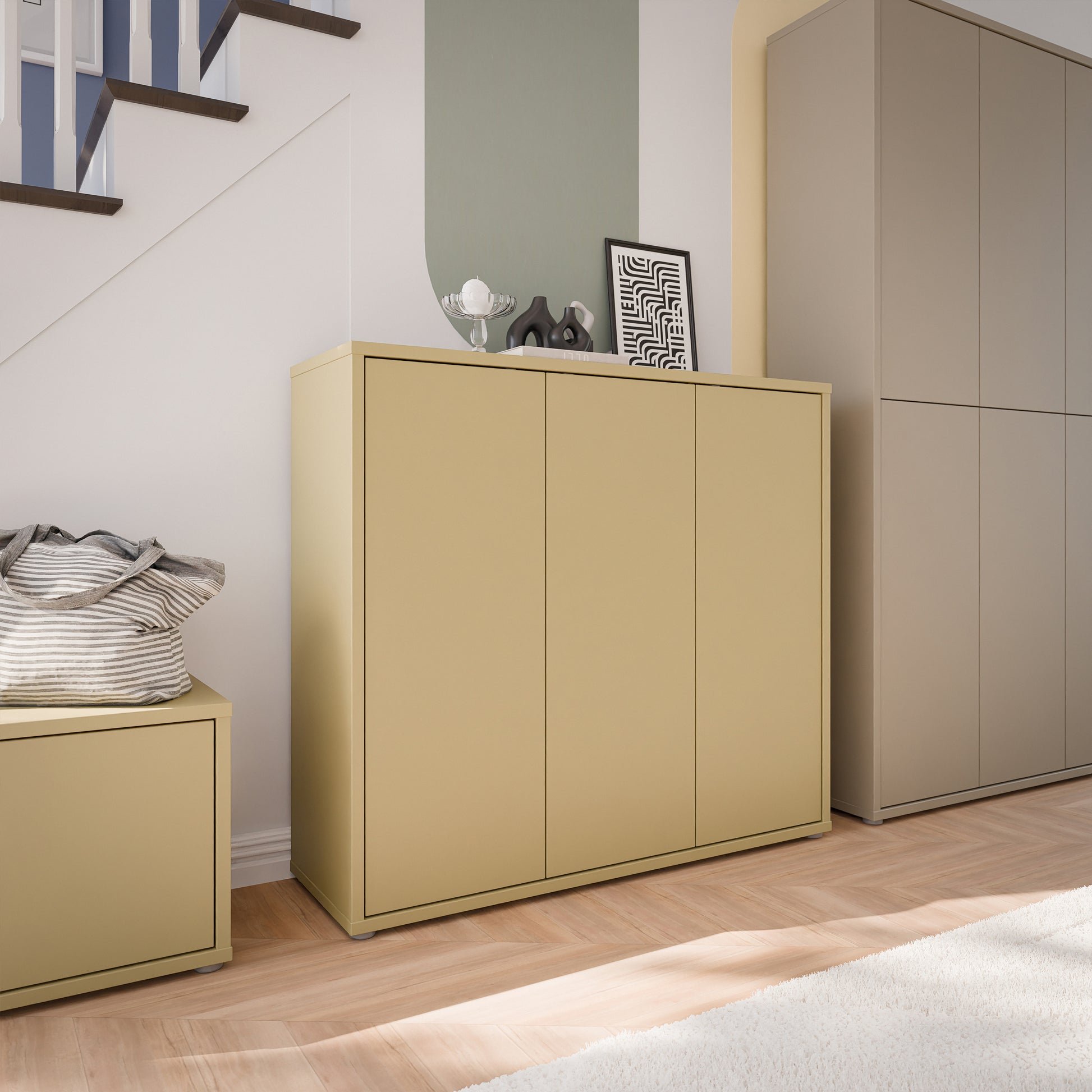 Bloc 3 Door Shoe Cabinet in Butter Yellow - Industrious Decor