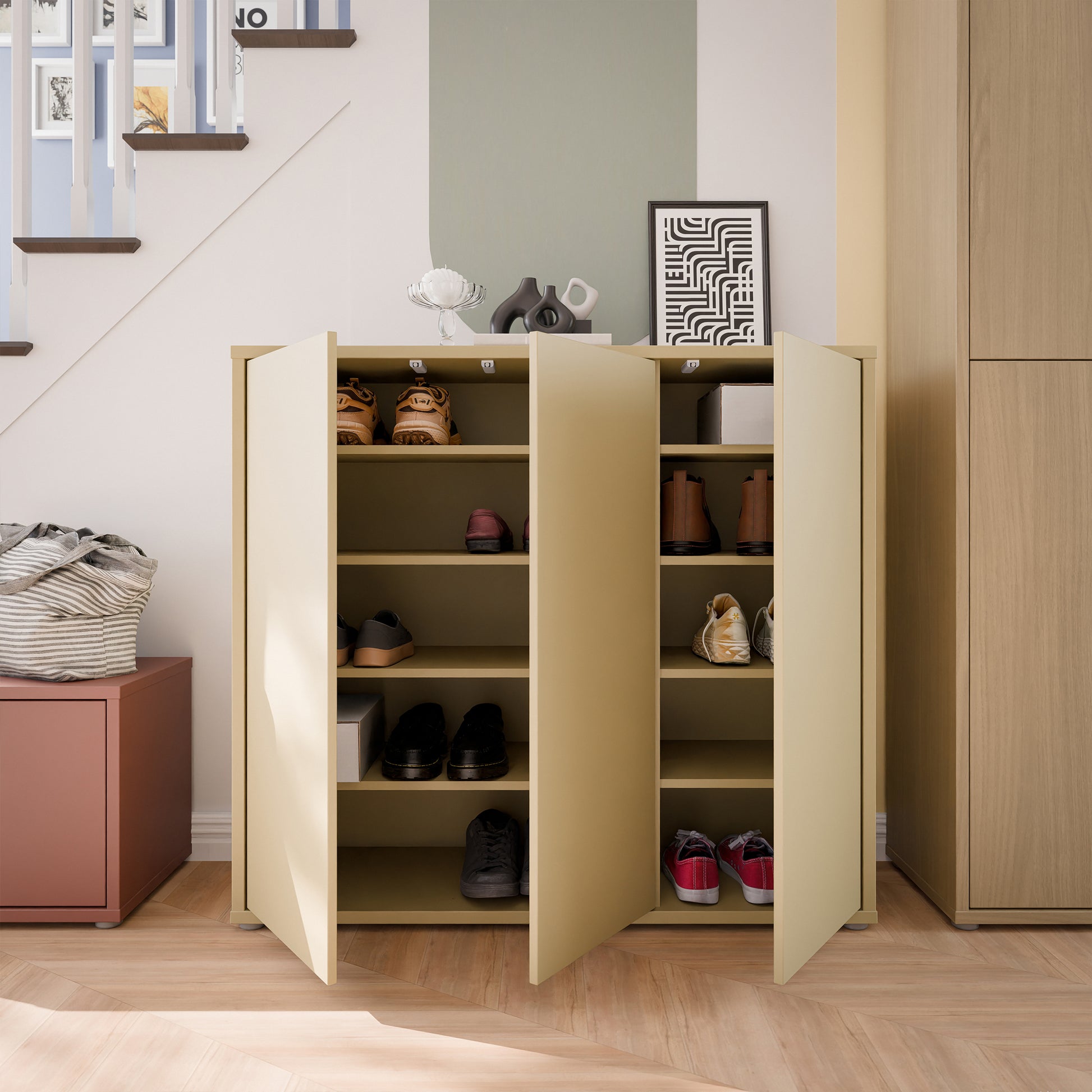 Bloc 3 Door Shoe Cabinet in Butter Yellow - Industrious Decor