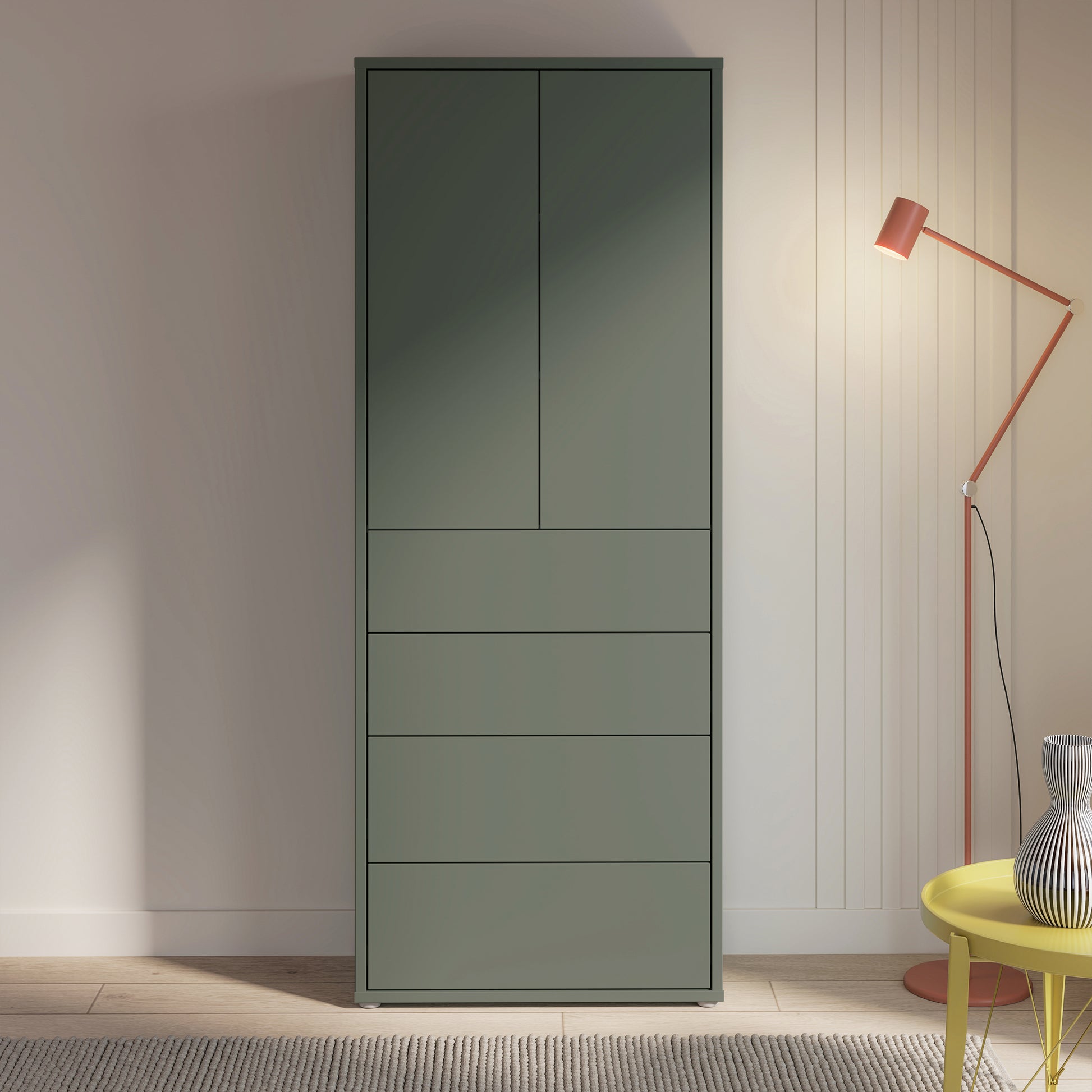 Bloc Tall Storage Cabinet with Drawers in Sage Green - Industrious Decor