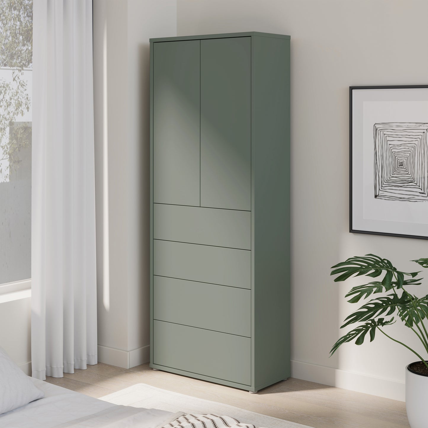 Bloc Tall Storage Cabinet with Drawers in Sage Green - Industrious Decor