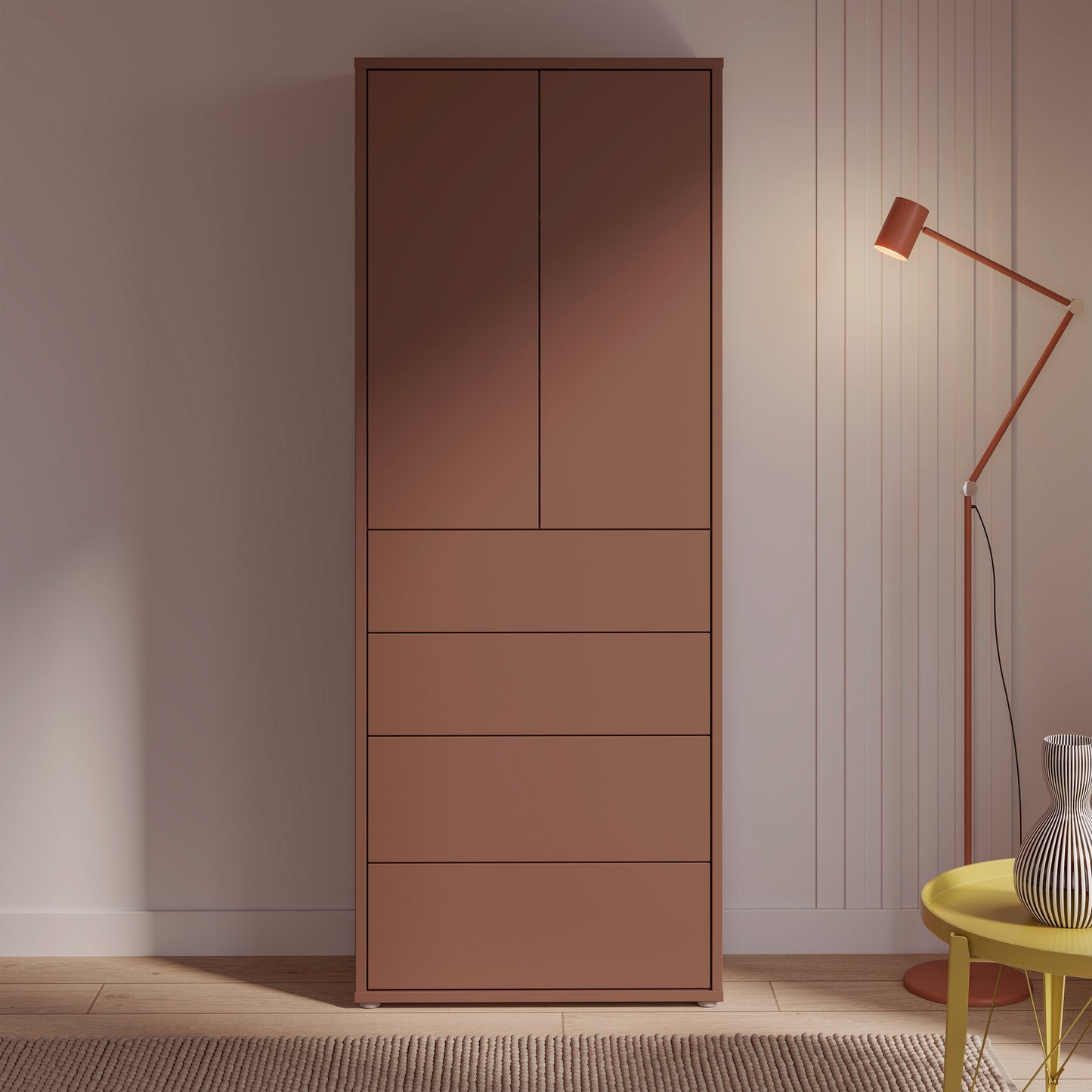 Bloc Tall Storage Cabinet with Drawers in Terracotta - Industrious Decor