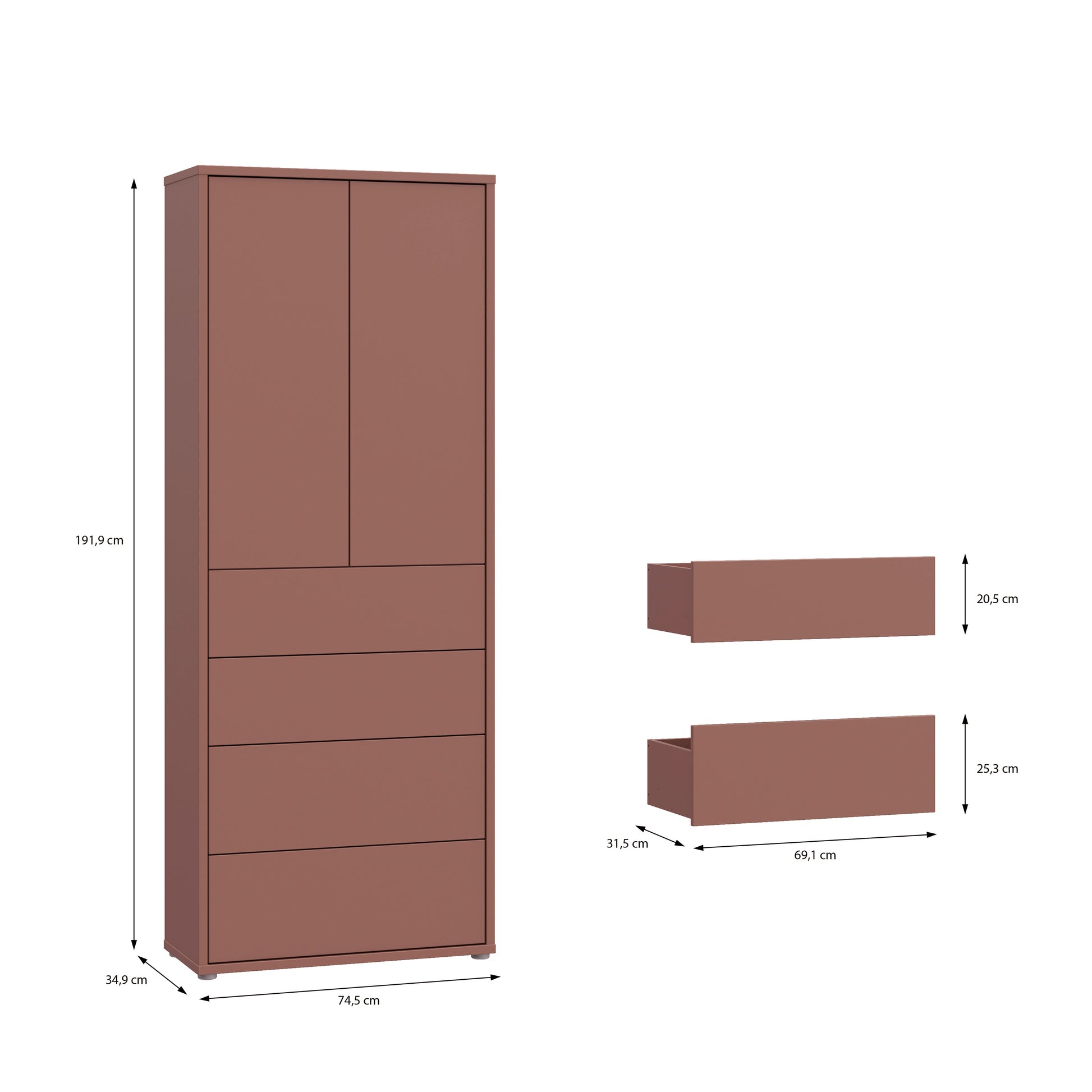 Bloc Tall Storage Cabinet with Drawers in Terracotta - Industrious Decor