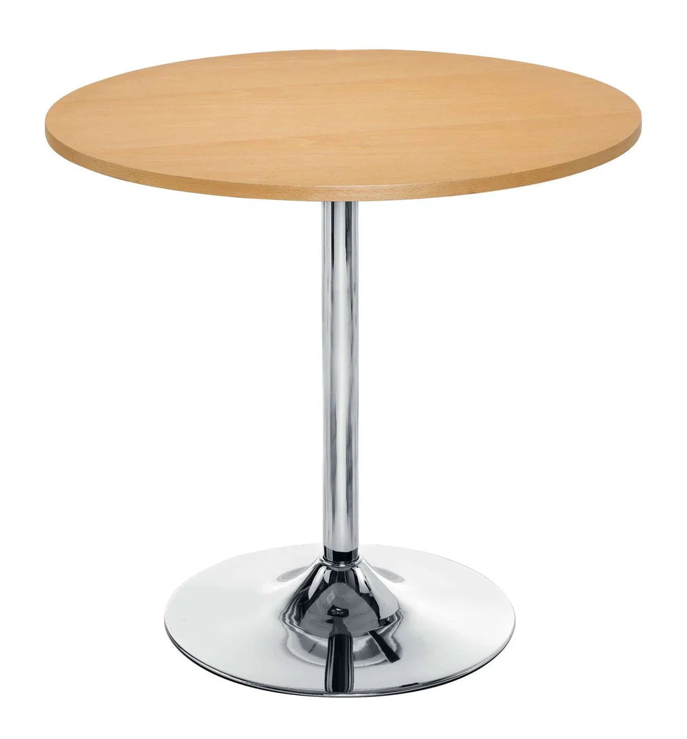 Flare Round Dining Table — chrome trumpet base with beech veneer top