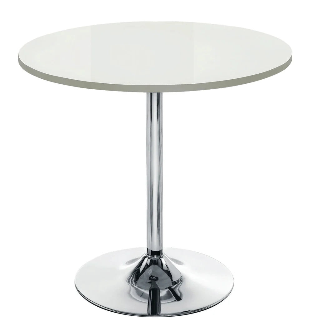 Flare Round Dining Table — chrome trumpet base with high-gloss white top