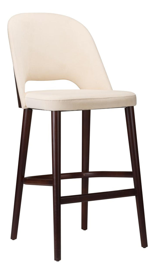 Halo CO Veneer Highchair at angle showing curved veneer back panel and upholstered seat on timber frame