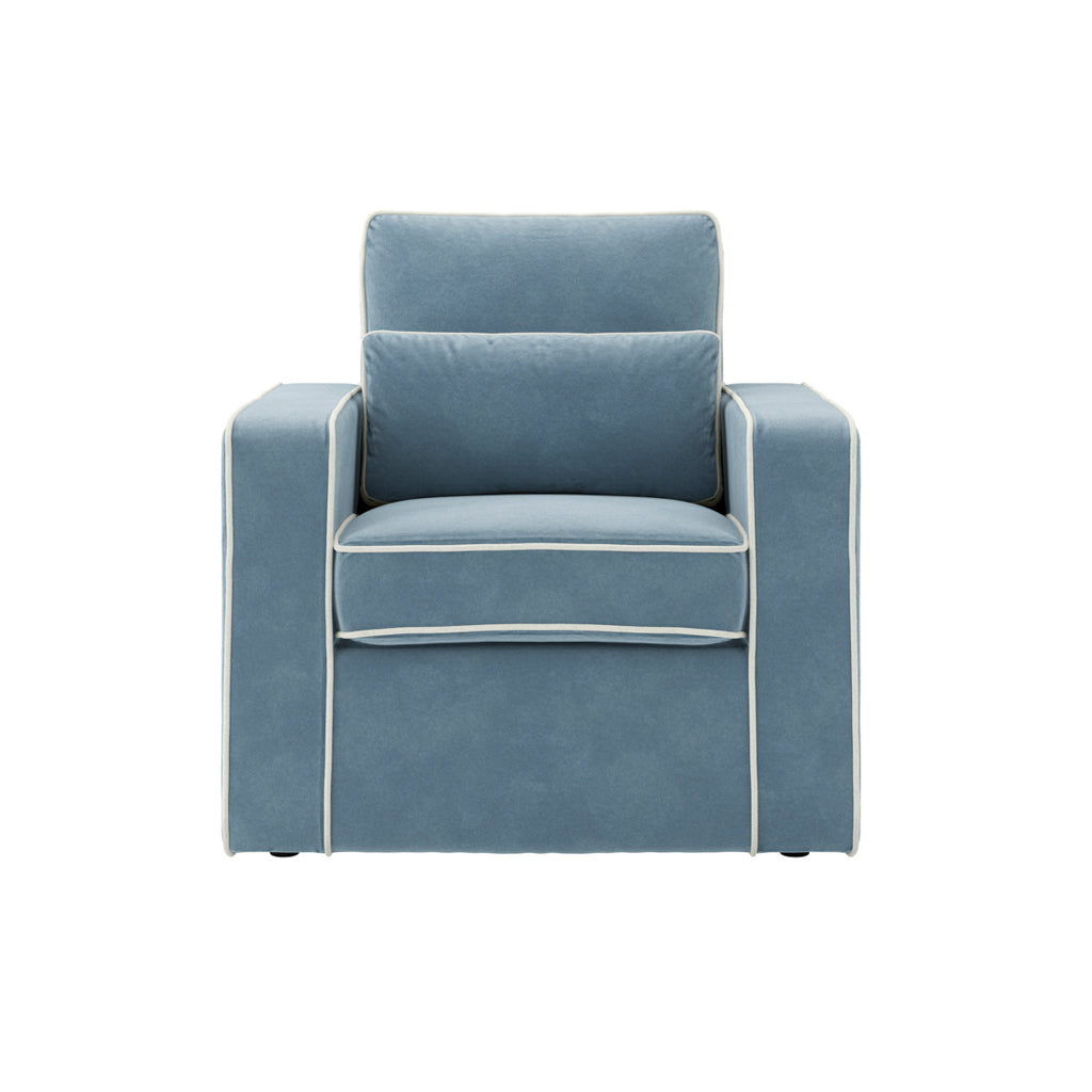 Daisy Armchair - Dusty Blue Velvet with White Piping - Industrious Decor