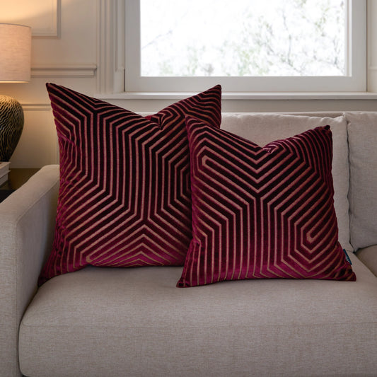 Geometric Velvet Cushion Burgundy