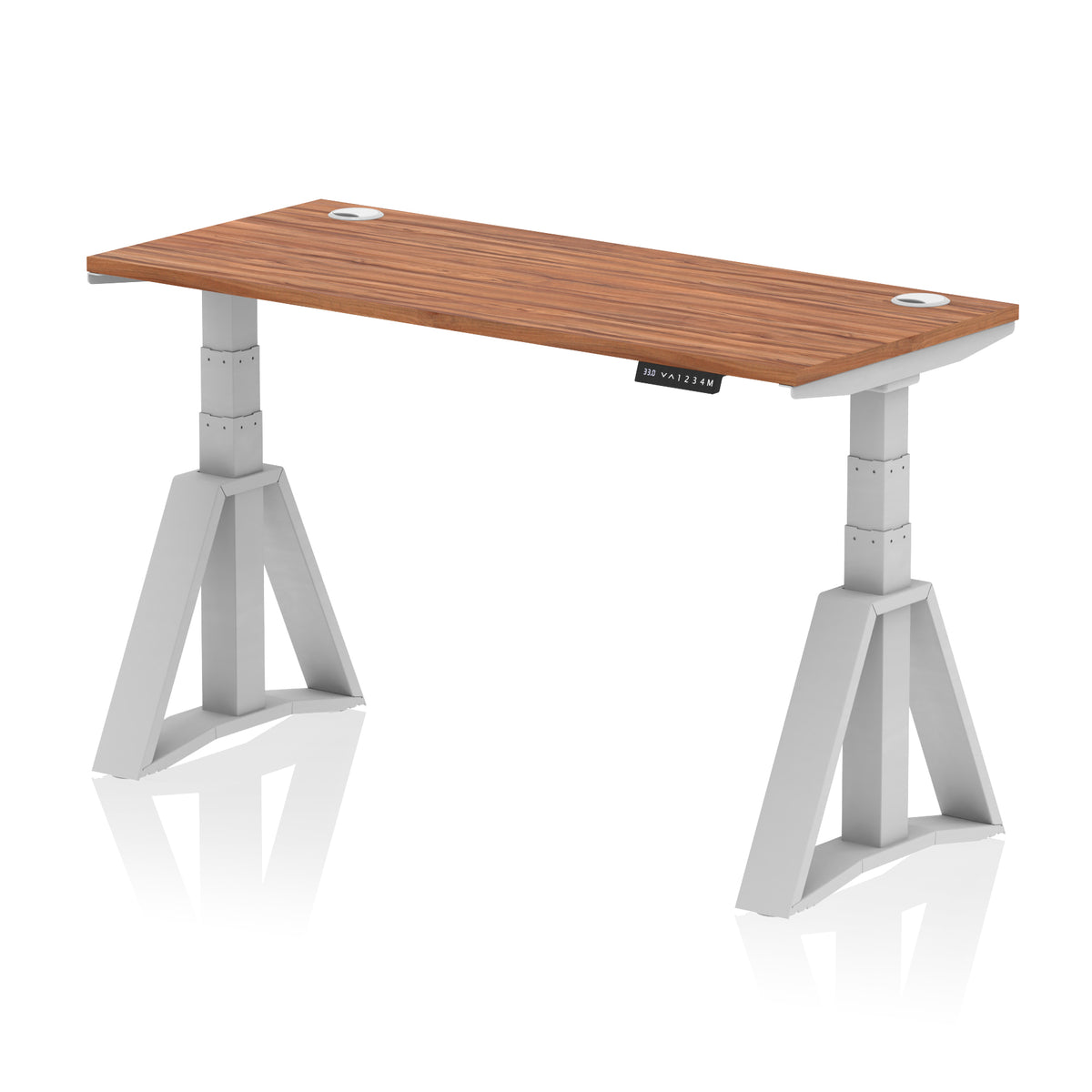 Air Piste Slimline Height Adjustable Desk with Cable Ports 1400 Walnut Silver - Industrious Decor