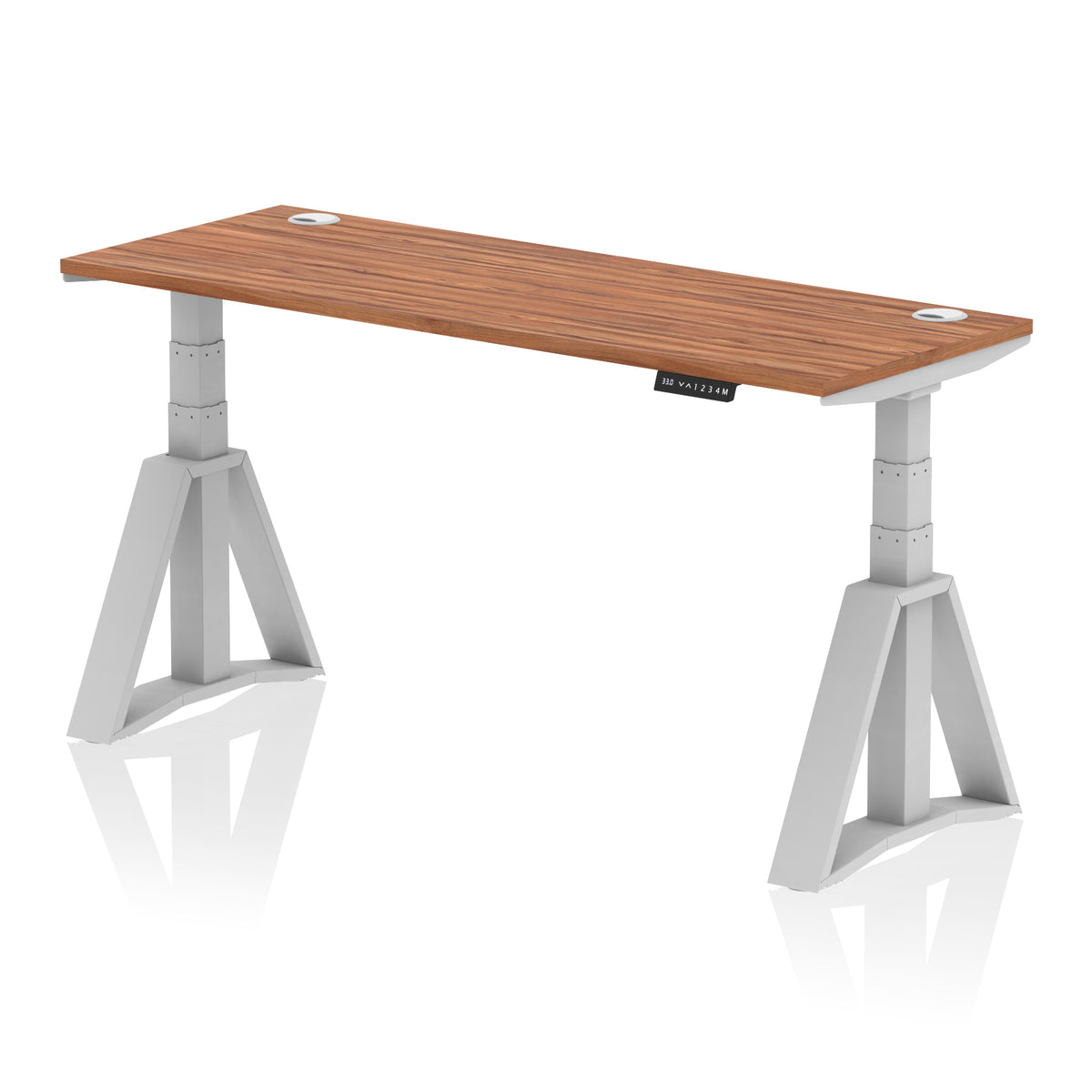 Air Piste Slimline Height Adjustable Desk with Cable Ports 1600 Walnut Silver - Industrious Decor