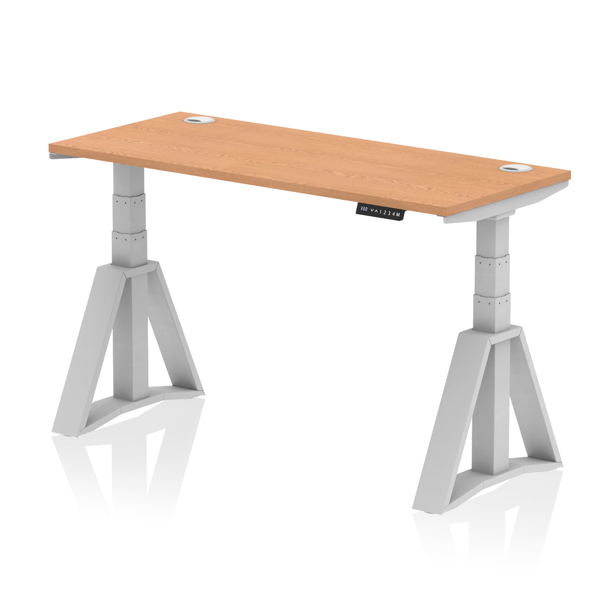 Air Piste Slimline Height Adjustable Desk with Cable Ports 1400 Oak Silver - Industrious Decor