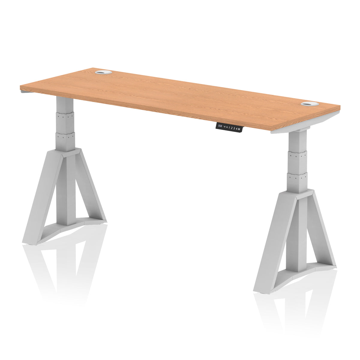 Air Piste Slimline Height Adjustable Desk with Cable Ports 1600 Oak Silver - Industrious Decor