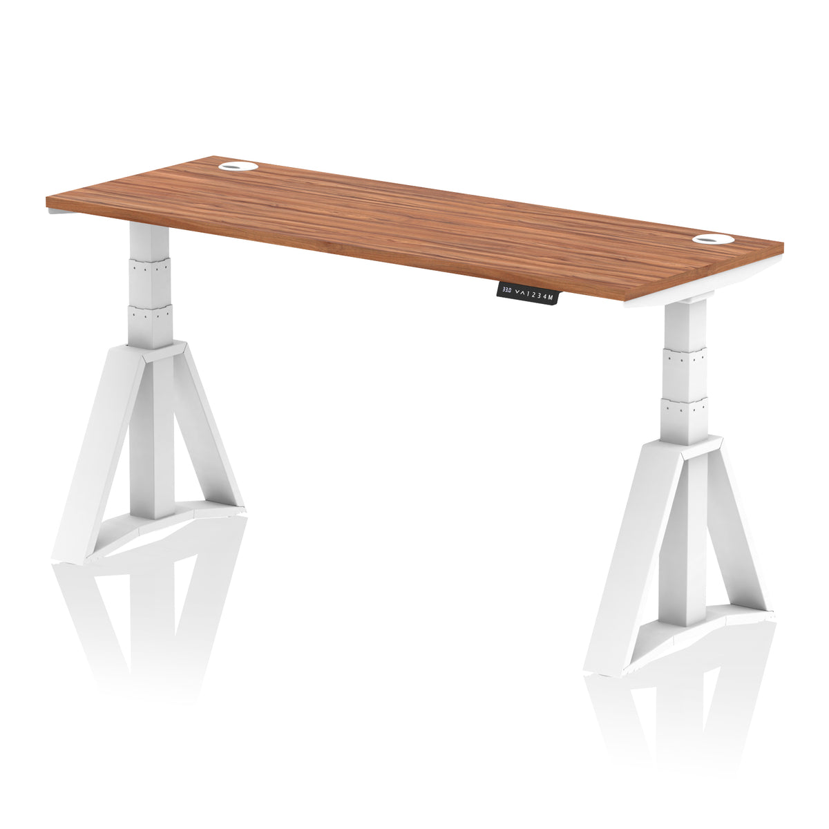 Air Piste Slimline Height Adjustable Desk with Cable Ports 1600 Walnut White - Industrious Decor