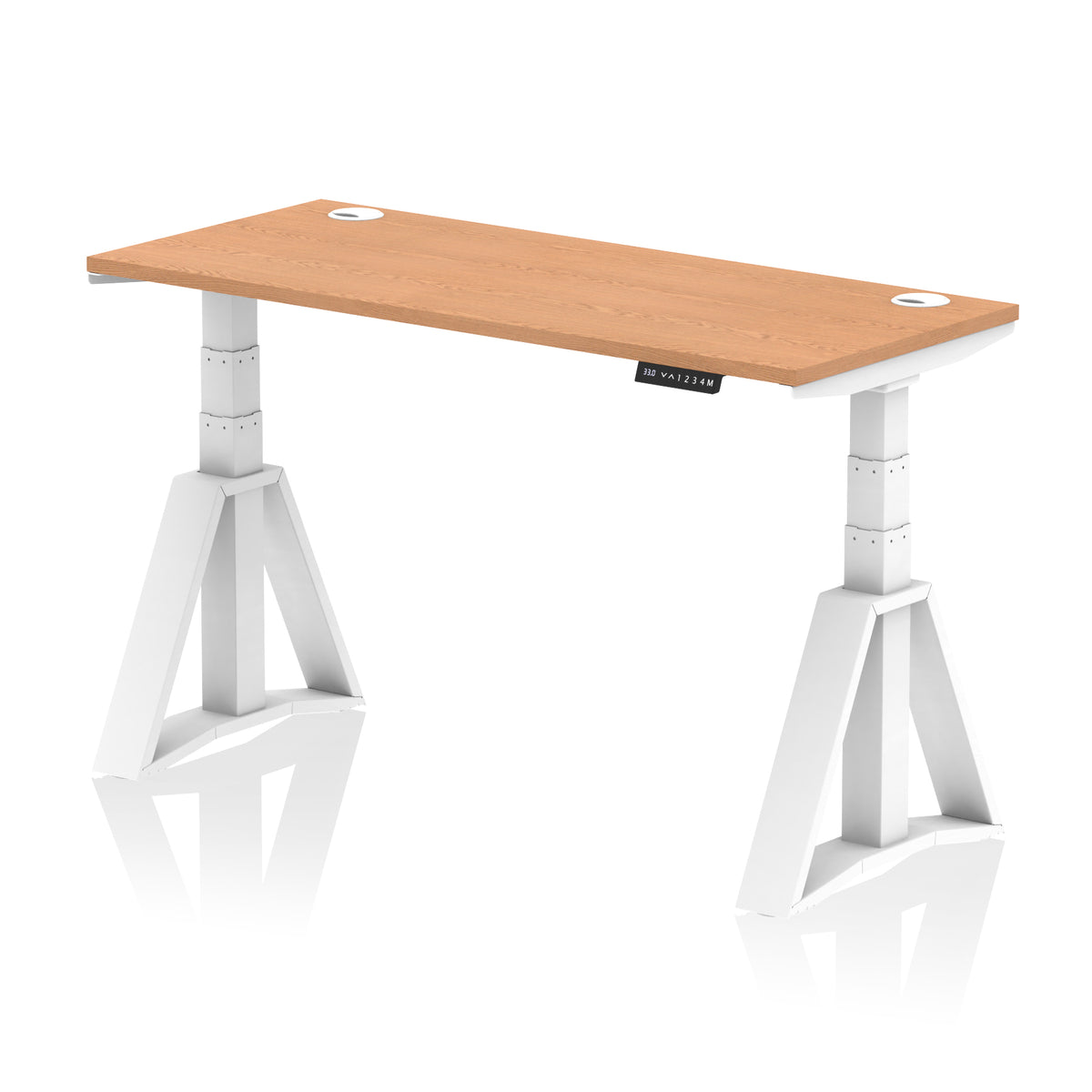 Air Piste Slimline Height Adjustable Desk with Cable Ports 1400 Oak White - Industrious Decor